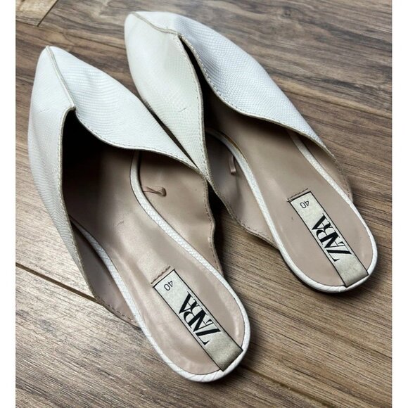 Zara White Textured Croc Leather Mules Pointed Toe EU 40/ Size 9 Women’s - Picture 3 of 8